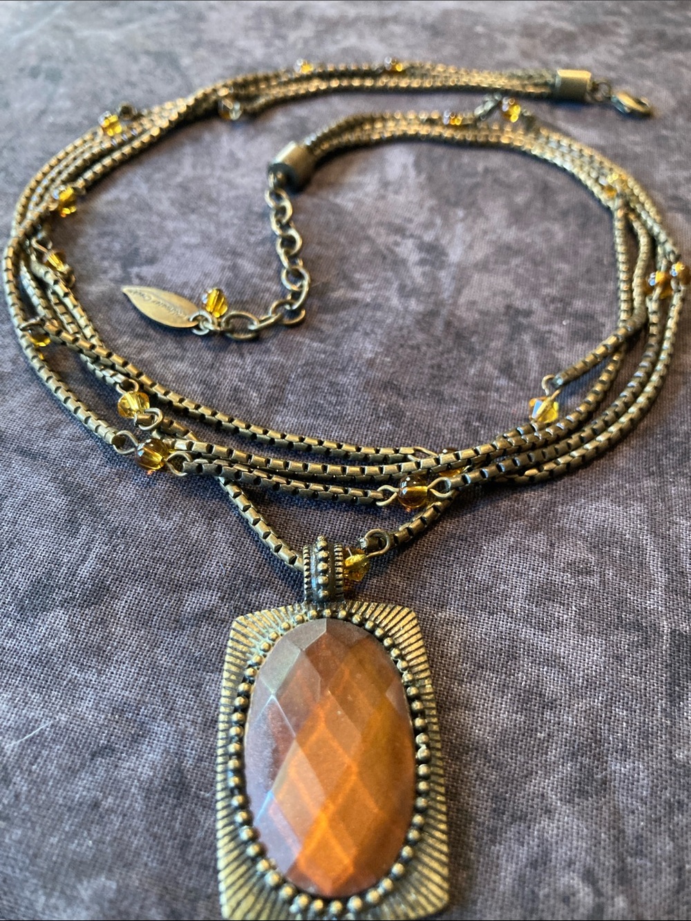 Antique Bronze Tone Brown Faceted Stone Pendant Necklace
